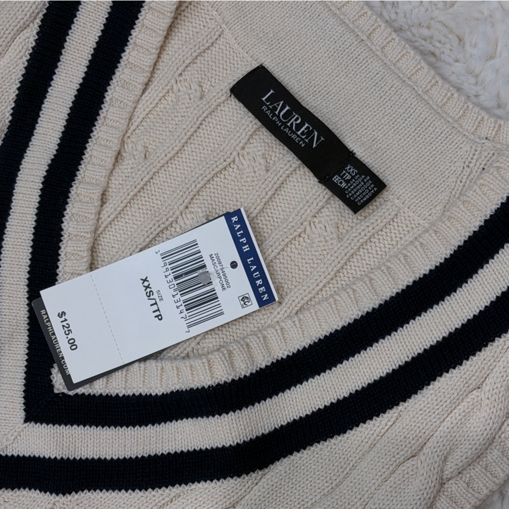 Brand NEW Ralph Lauren Ivory Cable-Knit V-Neck Sweater Vest with Black - XXS - Picture 2 of 3